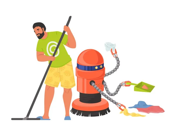 Robot Assistant Helping Man Clean House Vector Scene Robotic Characters — Archivo Imágenes Vectoriales