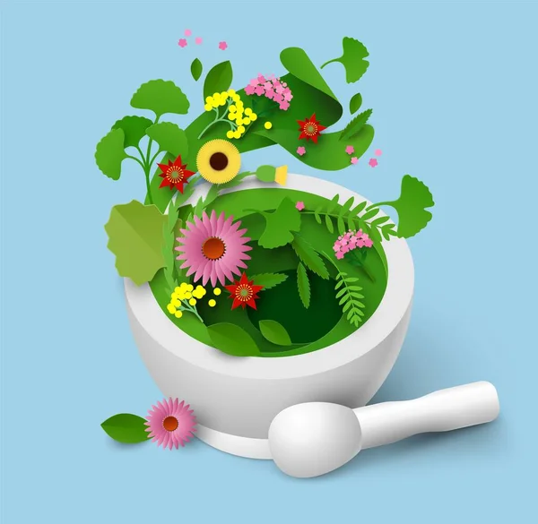 Mortar Pestle Herbal Leaf Papercut Vector Illustration Alternative Herbal Medicine — Image vectorielle