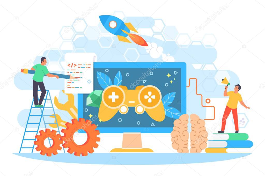 Game developer team working on software design vector illustration. Videogame production industry concept. Digital technology, programming and codding. Creative process on computer