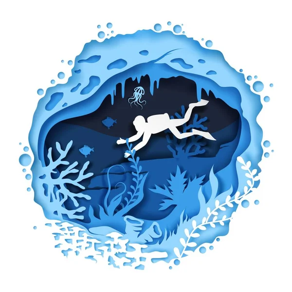 Vector Diver Swimming Underwater Sea Cave Coral Reef Fish Seaweed — Stockvektor