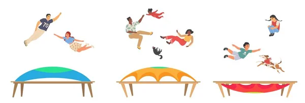 People Jumping Trampoline Vector Scene Set Happy Couple Family Children — Vector de stock