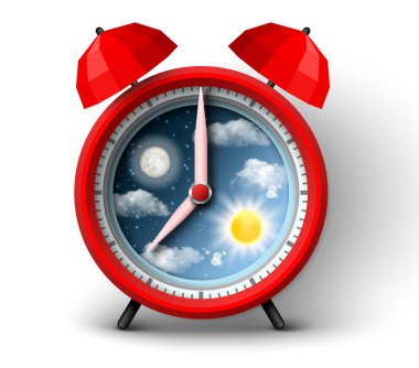 Circadian rhythm vector. Alarm clock 3d illustration. Day and night change, health, sleep and activity regulation. Twenty-four hours life. Chronobiology concept