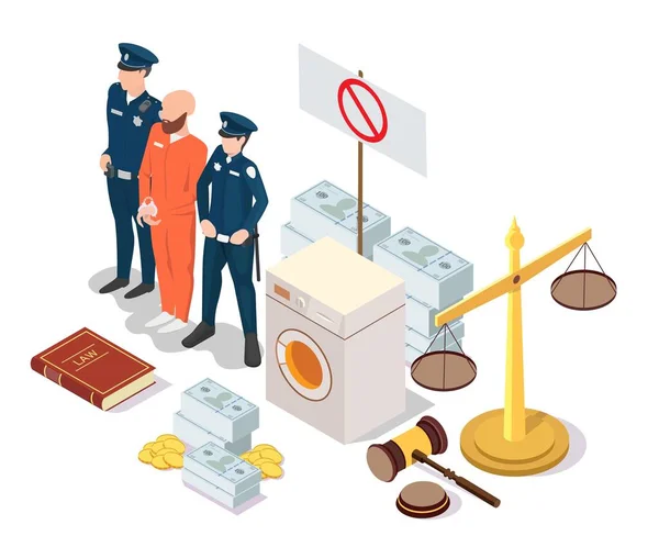 Geldwäschebekämpfung Recht Und Gerechtigkeit Vektor Szene Polizist Und Täter Stoppt — Stockvektor