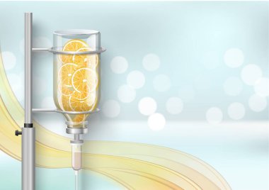 C vitamini vektör illüstrasyonu için tıbbi indirme sistemi. Poşet doldurulmuş portakal meyve dilimleri ve fotokopi alanı. Poster, tıp, sağlık ve eczacılık hizmetleri için web afişi