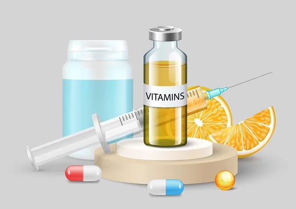 Vector Vitaminas Vitamina Intravenosa Píldoras Suplemento Frasco Medicamento Jeringa Con — Vector de stock