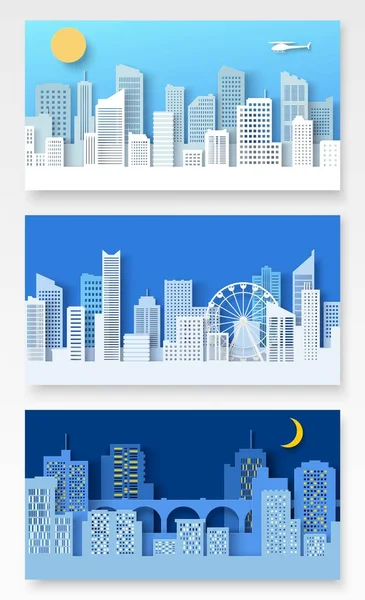 Banner Stad Landskap Papper Skära Vektor Illustration Urban Gata Och — Stock vektor