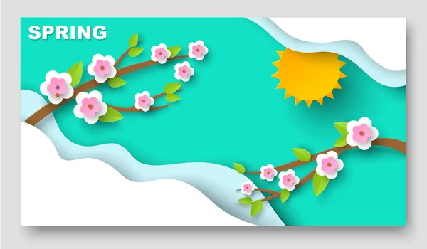 Весенний Вектор Резки Бумаги Цветочный Фон Цветок Оригами Ветке Солнечный — стоковый вектор