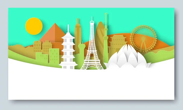 Viaggio Skyline Carta Tagliata Banner Vettore Disegno Sfondo Monumento Famoso — Vettoriale Stock