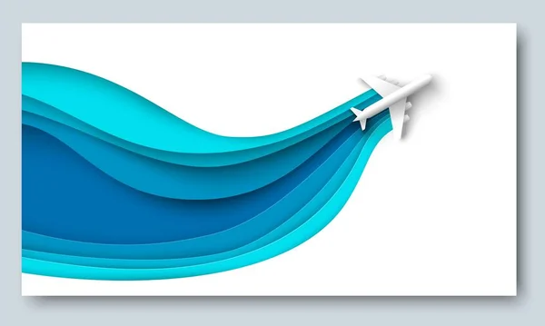 Avión Corte Papel Banner Viaje Vectorial Cielo Ilustración Vuelo Avión — Archivo Imágenes Vectoriales
