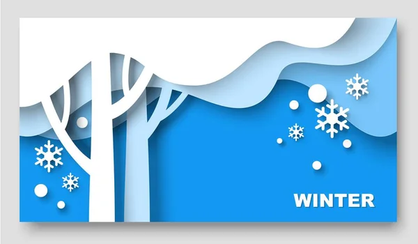 Zimowy Sztandar Sezon Papier Wyciąć Wektor Projektu Drzewa Płatki Śniegu — Wektor stockowy