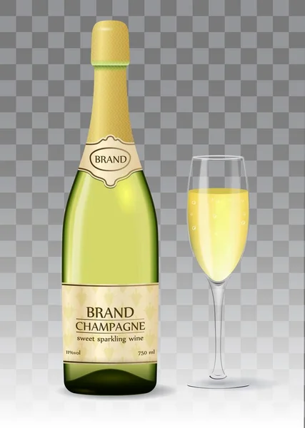 Champagne Marque Vecteur Maquette Isolé Bouteille Avec Étiquette Verre Rempli — Image vectorielle