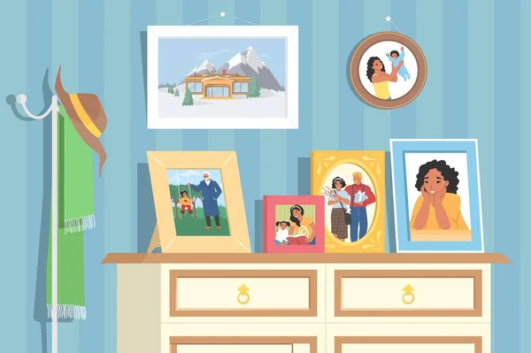 テーブルフラットベクトル上の写真フレーム 祖父母 棚の上の家族の肖像画 自宅のアパートのデザインインテリア メモリ写真イラスト — ストックベクタ
