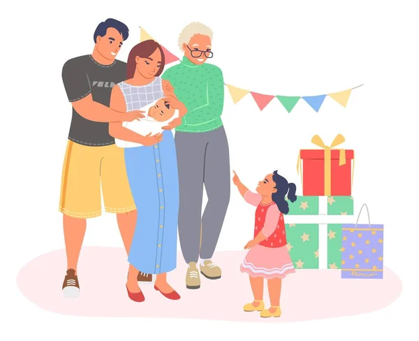 Vector Vacaciones Recién Nacido Feliz Madre Padre Abuela Sosteniendo Niño — Vector de stock