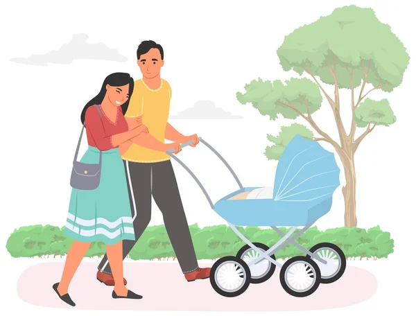 Bebek Arabasıyla Gezen Mutlu Ebeveyn Çizimi Genç Bir Baba Anne — Stok Vektör