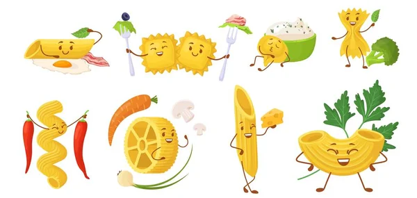 Pasta Vector Caracteres Bonito Divertido Conjunto Fideos Macarrones Aislados Happy — Archivo Imágenes Vectoriales