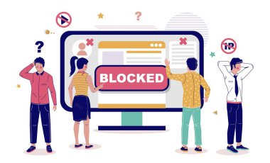İnternet sitesi IP düz vektör illüstrasyonunu engelledi. Bilgisayar internet hesabı, sahte site ya da reklam engelleme. Mutsuz kullanıcı ve çevrimiçi ağ hizmetleri başarısız oldu. İçeriğe kapalı erişim
