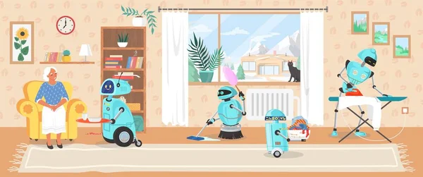 Robot Assistant Travail Maison Illustration Vectorielle Salle Nettoyage Assistante Automatisée — Image vectorielle