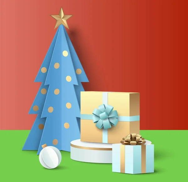 星とギフトベクトルとクリスマスツリー メリークリスマスとハッピーニューイヤーに飾られた折り紙モミ 装飾のバブルボール 紙カットスタイルでグリーティングカードのための驚きのイラストと現在のボックス — ストックベクタ