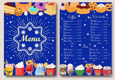 Ön ve arka vektör tasarım şablonu. Noel tatili kafe barı, tatlı ve içecek kapağı illüstrasyonları. Kahve dükkanı ya da çay dükkanı konsepti