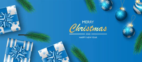 Weihnachten Banner Hintergrund Design Geschenke Box Auf Blauem Hintergrund Weihnachten — Stockvektor