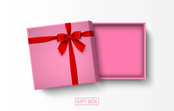 ピンクのギフトボックスを開き 白い背景に赤い弓を隔離し ベクトルイラスト — ストックベクタ