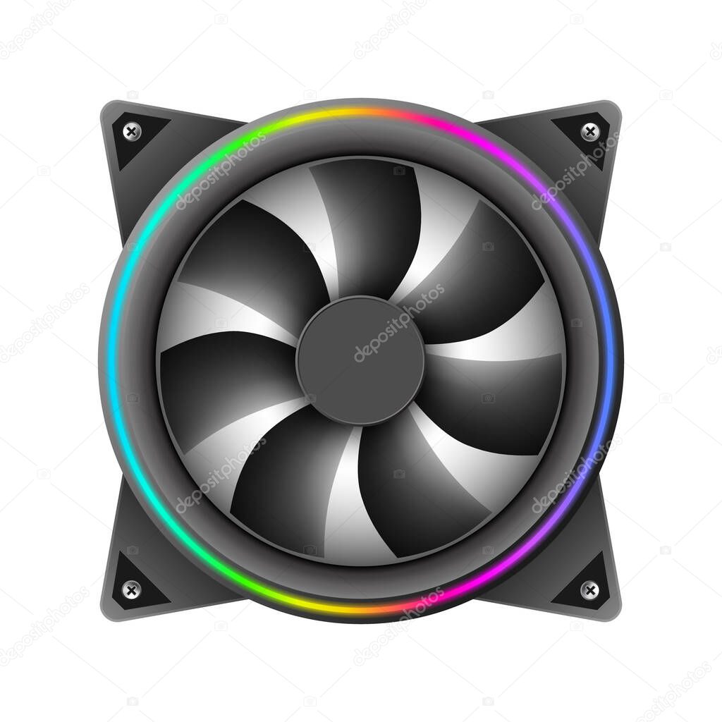 Computer fan with RGB light isolated on white background, vector illustration