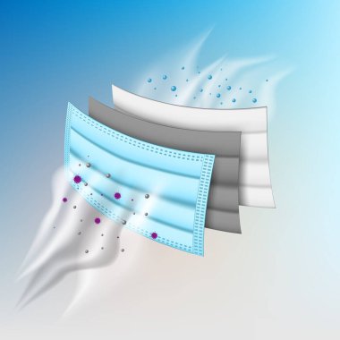 Filtre katmanı ve hava girişini koruyan tıbbi maskenin filtre tabakası, PM 2.5 hava filtresi ve virüs koruması, 3 katman filtre, vektör illüstrasyonu