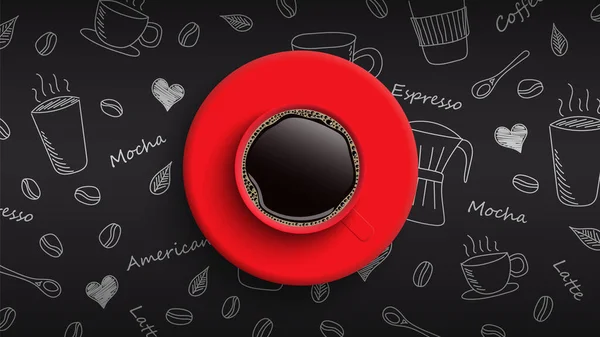Tazza Caffè Rosso Sfondo Caffè Scarabocchio Disegnato Mano Illustrazione Vettoriale — Vettoriale Stock