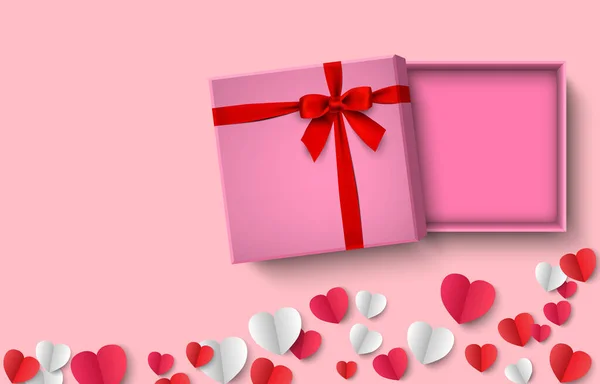 Opened Pink Gift Box Red Bow Paper Heart Pink Background — Διανυσματικό Αρχείο