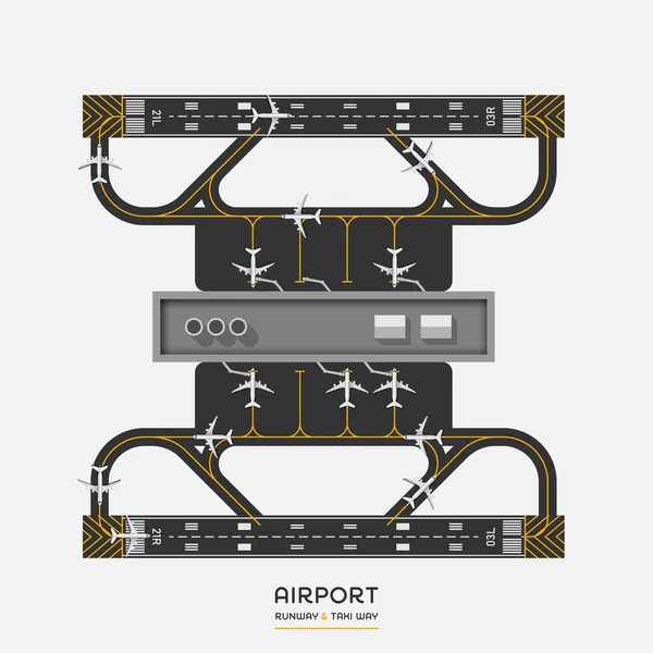 Repülőtéri Kifutópálya Taxi Útvonalának Áttekintése Repülőgéppel Vektor Illusztrációval — Stock Vector