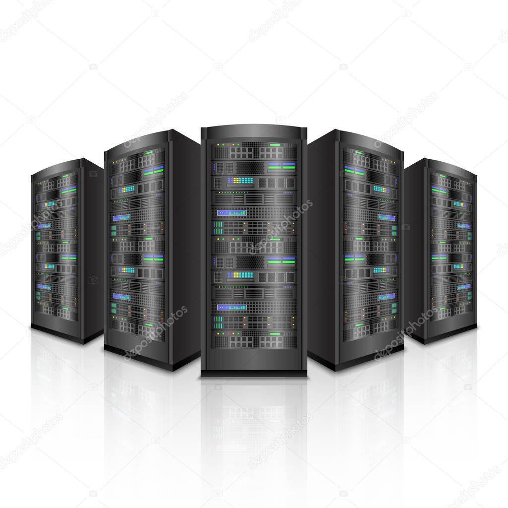 Network servers computer hardware isolated on white background, vector illustration