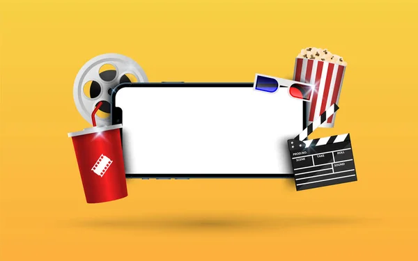 Blank Smartphone Popcorn Film Strip Clapperboard Yellow Background Online Streaming — 图库矢量图片