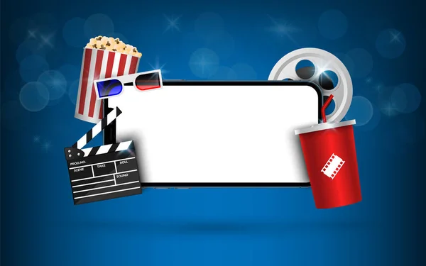 Leeres Smartphone Mit Popcorn Filmstreifen Klemmbrett Auf Blauem Hintergrund Online — Stockvektor