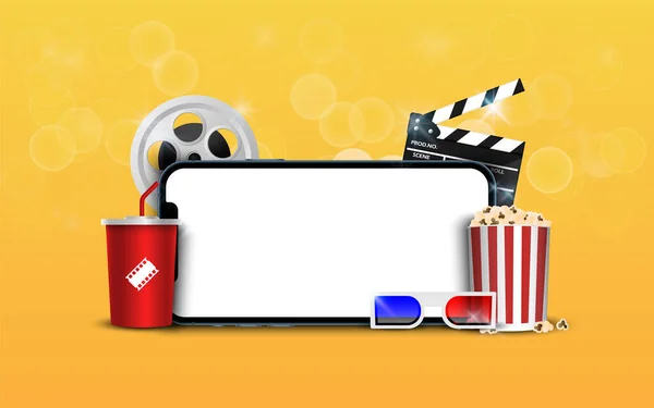 Blank Smartphone Popcorn Film Strip Clapperboard Yellow Background Online Streaming — стоковый вектор