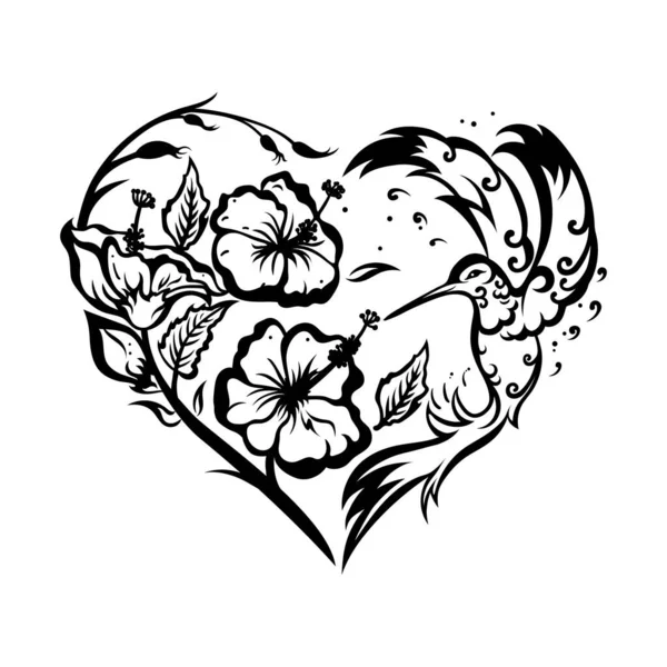 Σχέδιο κολιμπρί. Απομονωμένο μαύρο στένσιλ πουλιού. Ρομαντικό τατουάζ στην καρδιά. Clipart κάρτα Αγίου Βαλεντίνου — Διανυσματικό Αρχείο
