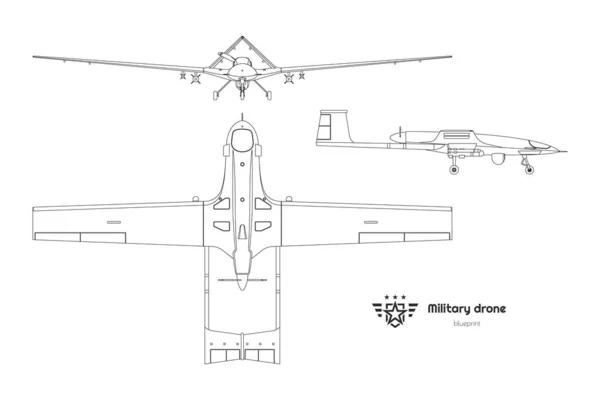 Garis luar militer drone atas, samping, tampilan depan. Pesawat tentara yang terisolasi. Cetak biru pengebom tak berawak modern - Stok Vektor