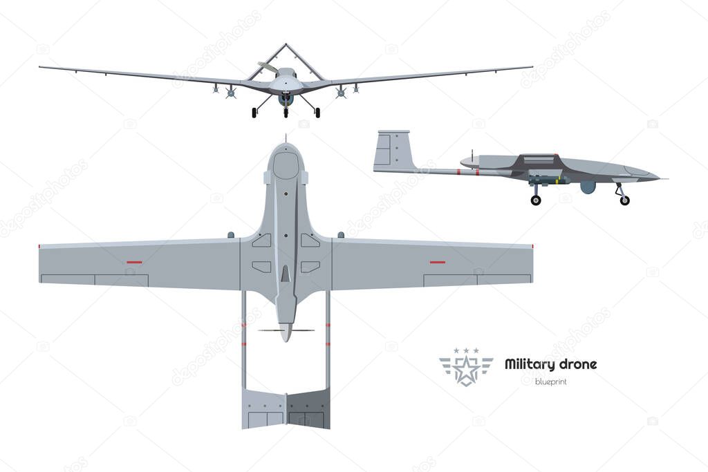 Military drone top, side, front view. Isolated 3d army plane. Modern unmanned bomber blueprint