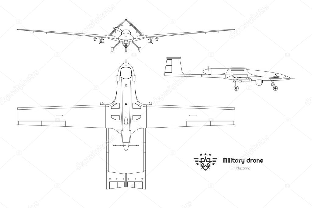 Outline military drone top, side, front view. Isolated army plane. Modern unmanned bomber blueprint