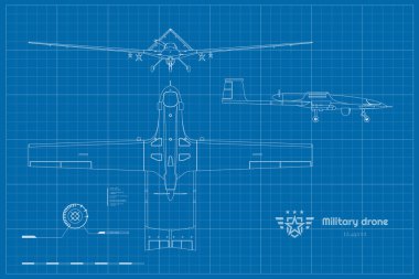 Ana hatlı askeri hava aracı, yan, ön görüş. İzole edilmiş askeri uçak. Modern insansız bombardıman planı