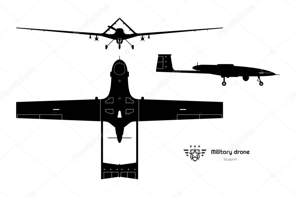 Silhouette of military drone. Top, side, front view. Isolated army plane. Modern unmanned bomber blueprint