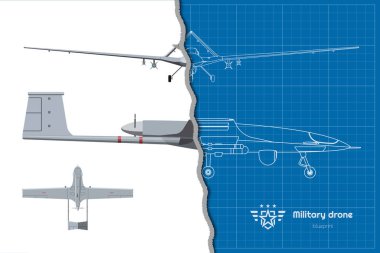 Askeri hava aracı, yan, ön görüş. İzole edilmiş 3D ordu uçağı. Modern insansız bombardıman uçağı taslağı
