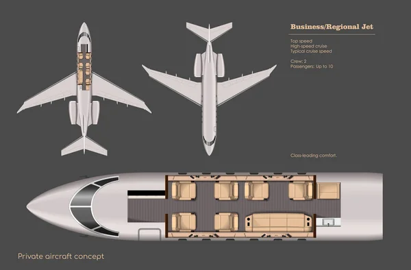 Interior jet bisnis. Peta pesawat pribadi. Top tampilan pesawat regional. Skema kursi pesawat. Gambar 3d transportasi komersial. Cetak biru industri yang realistis - Stok Vektor