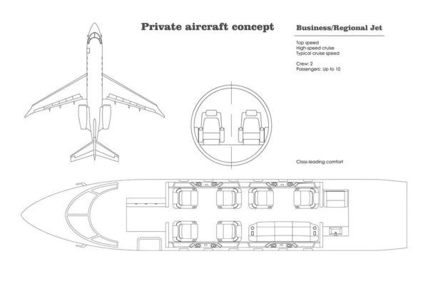 Схема бизнес-джета. Карта частного самолета. Вид сверху на региональный самолет. План мест на самолете. Рисунок коммерческого транспорта. Промышленная схема — стоковый вектор