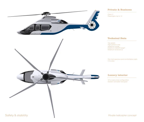 Business helicopter drawing. Top, side view of luxury copter. Isolated 3d blueprint. Private aviation. Modern vip vehicle — Vetor de Stock