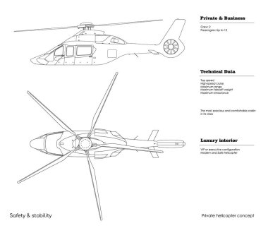 İş helikopteri çizimi. Lüks helikopterin yan görüntüsü. İzole edilmiş venicle planı. Özel havacılık. Endüstriyel broşür