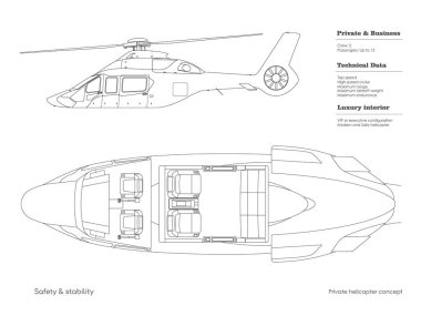 Özel helikopter iç hatları. İzole edilmiş kokpit planı. İş aracının üst, yan görüntüsü. Kabin çizimi. Modern ulaşım
