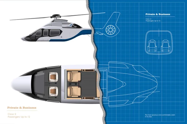 Outline interno elicottero privato. Progetto della cabina di pilotaggio 3D. In alto, vista laterale del veicolo d'affari. Disegno interno cabina. Trasporti moderni — Vettoriale Stock