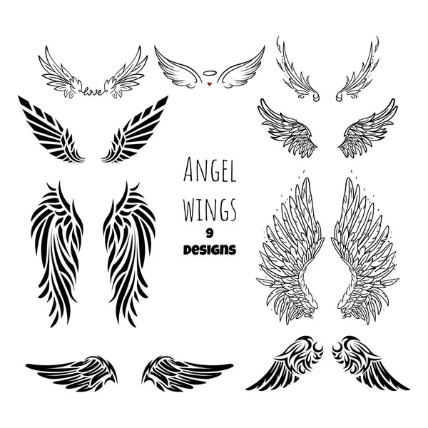 Coleção de tatuagem de asas de anjo. Estênceis pretos isolados. Um rabisco romântico. Desenhos góticos —  Vetores de Stock
