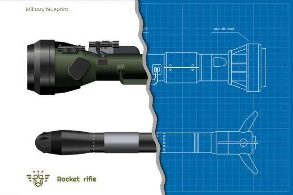 Garis luar peluncur roket sisi tampilan. Cetak biru senapan antitank yang realistis. Terisolasi 3d senjata rudal. Gambar senjata anti-tank. Granat tangan bersenjata - Stok Vektor