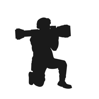 Black silhouette of soldier with missile weapon. Isolated modern rocket launcher. Warrior practical with anti tank rifle. Camouflage infantryman shape clipart